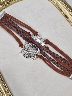 Handmade ✦ Brown Leather Owl & Dream Charm Bracelet ✦ Multilayer Adjustable Boho